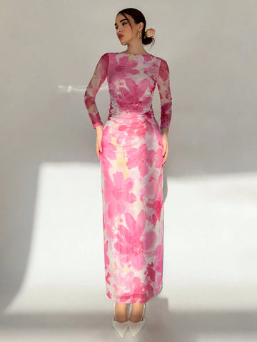 Aloruh Valentine's Day Pink Floral Print Long Sleeve Maxi Mesh Dress