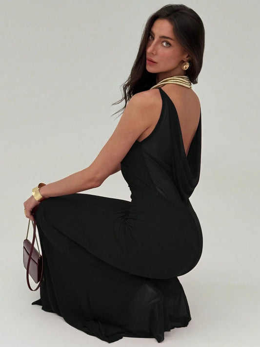Spaghetti Strap Bodycon Backless V-Neck Long Mesh Women Dress