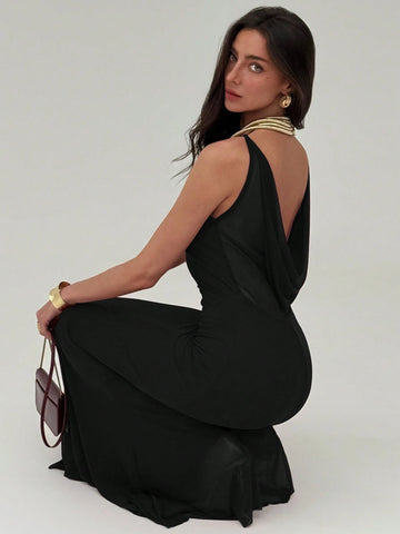 Spaghetti Strap Bodycon Backless V-Neck Long Mesh Women Dress