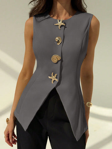 Aloruh Round Neck Sleeveless Minimalist Metal Decor Women's Office Blazer