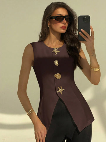 Aloruh Round Neck Sleeveless Minimalist Metal Decor Women's Office Blazer