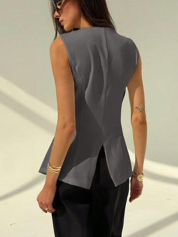 Aloruh Round Neck Sleeveless Minimalist Metal Decor Women's Office Blazer