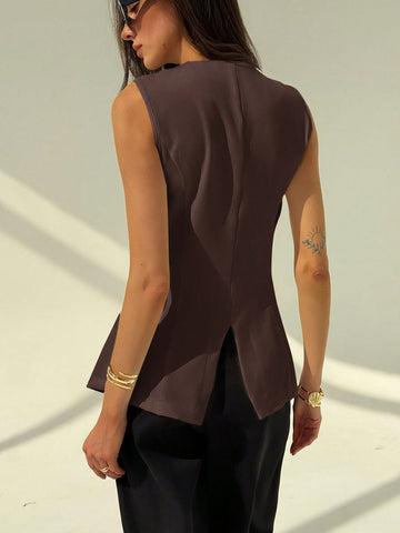 Aloruh Round Neck Sleeveless Minimalist Metal Decor Women's Office Blazer