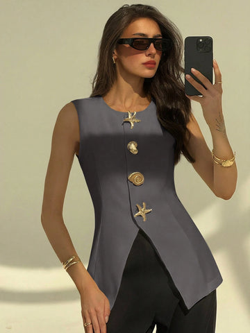 Aloruh Round Neck Sleeveless Minimalist Metal Decor Women's Office Blazer