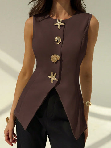 Aloruh Round Neck Sleeveless Minimalist Metal Decor Women's Office Blazer