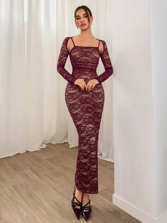 Aloruh Women Sexy Elegant Square Neck Lace Bodycon Long Sleeve Midi Dress