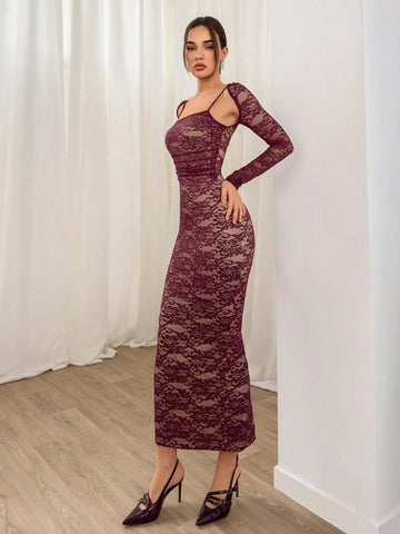 Aloruh Women Sexy Elegant Square Neck Lace Bodycon Long Sleeve Midi Dress