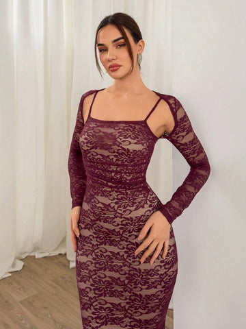 Aloruh Women Sexy Elegant Square Neck Lace Bodycon Long Sleeve Midi Dress