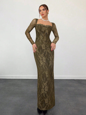 Women's Elegant Sexy Seductive Lace Long Sleeve Corset Dress