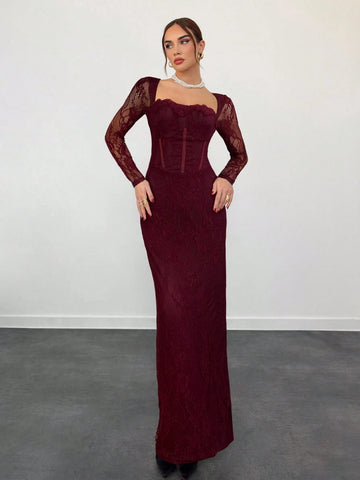 Sexy S-Shaped Lace Long Sleeve Cupped Corset Collar Slim Fitted Floor Length Dress