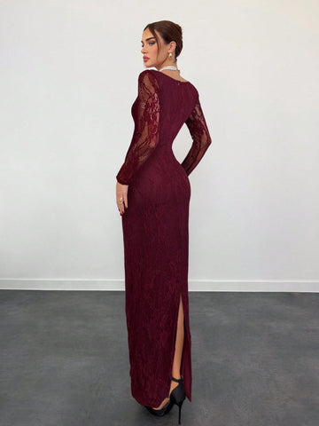 Sexy S-Shaped Lace Long Sleeve Cupped Corset Collar Slim Fitted Floor Length Dress