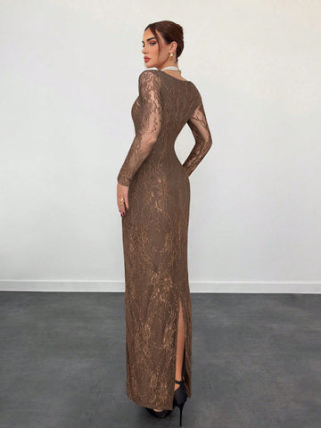 Sexy S-Shaped Lace Long Sleeve Cupped Corset Collar Slim Fitted Floor Length Dress