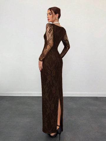 Sexy S-Shaped Lace Long Sleeve Cupped Corset Collar Slim Fitted Floor Length Dress