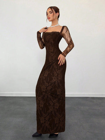 Sexy S-Shaped Lace Long Sleeve Cupped Corset Collar Slim Fitted Floor Length Dress