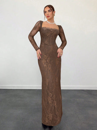 Women's Elegant Sexy Seductive Lace Long Sleeve Corset Dress