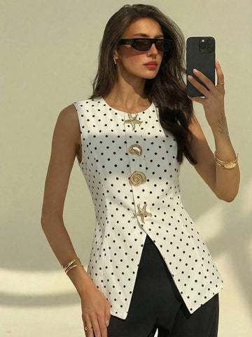Aloruh Round Neck Sleeveless Minimalist Metal Decor Women's Office Blazer