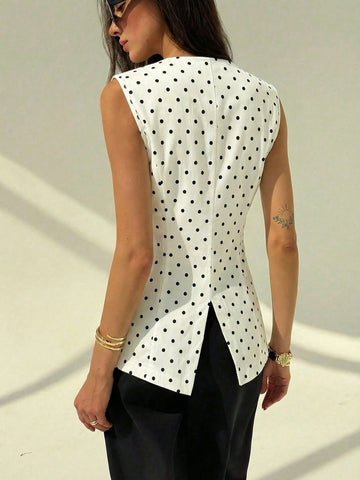 Aloruh Round Neck Sleeveless Minimalist Metal Decor Women's Office Blazer