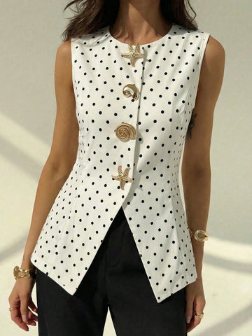 Aloruh Round Neck Sleeveless Minimalist Metal Decor Women's Office Blazer