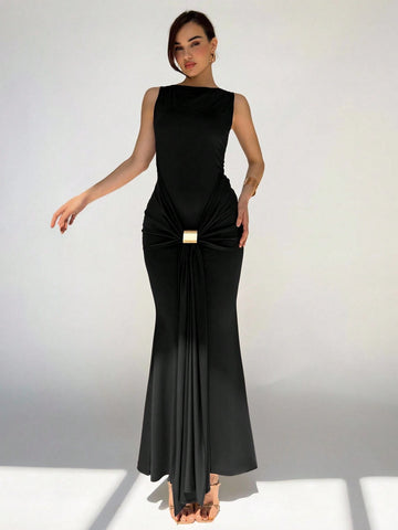 Women's Round Neck Sleeveless Knotted Front Fishtail Hem Fitted Elegant Dress