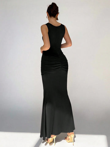 Women's Round Neck Sleeveless Knotted Front Fishtail Hem Fitted Elegant Dress