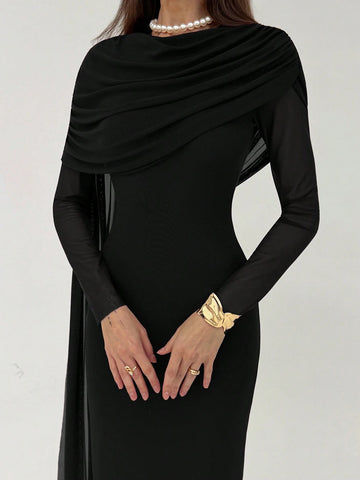 Elegant Mature Ruffle Long Sleeve Bodycon Dress