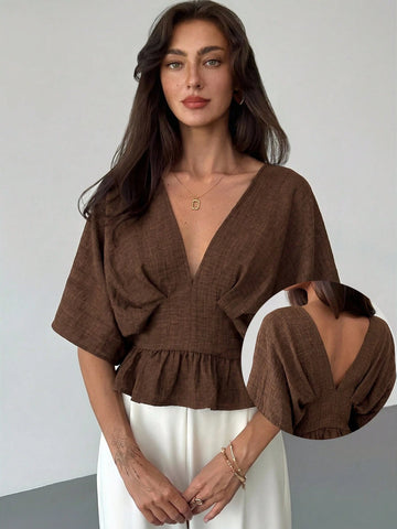 Solid Color V-Neck Ruffle Hem Blouse