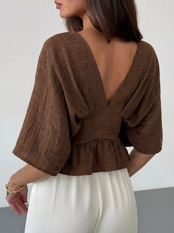 Solid Color V-Neck Ruffle Hem Blouse