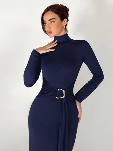 Slim Fit Warm Stand Collar Long Sleeve Cinched Waist Extra-Long Versatile Knit Dress