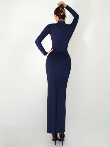 Slim Fit Warm Stand Collar Long Sleeve Cinched Waist Extra-Long Versatile Knit Dress