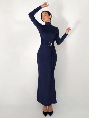 Slim Fit Warm Stand Collar Long Sleeve Cinched Waist Extra-Long Versatile Knit Dress