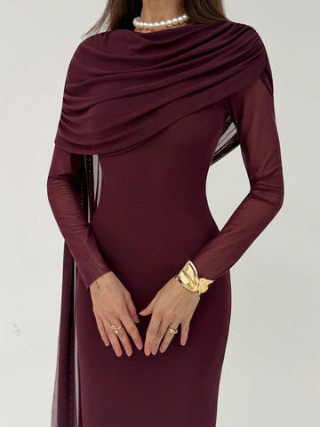 Elegant Mature Ruffle Long Sleeve Bodycon Dress