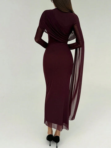 Elegant Mature Ruffle Long Sleeve Bodycon Dress