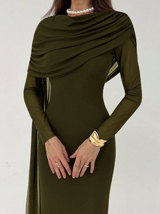 Elegant Mature Ruffle Long Sleeve Bodycon Dress