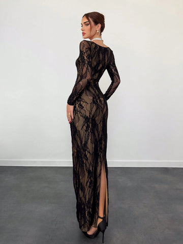 Women's Elegant Sexy Seductive Lace Long Sleeve Corset Dress