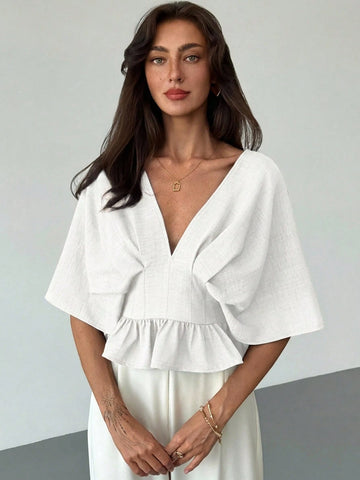 Solid Color V-Neck Ruffle Hem Blouse