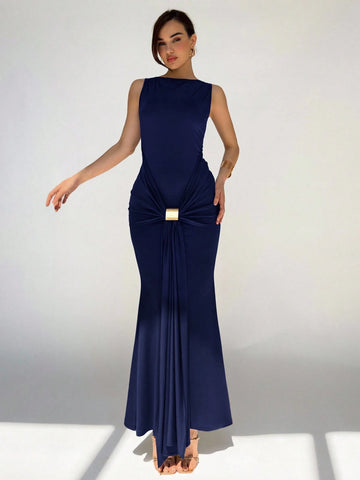 Women's Round Neck Sleeveless Knotted Front Fishtail Hem Fitted Elegant Dress