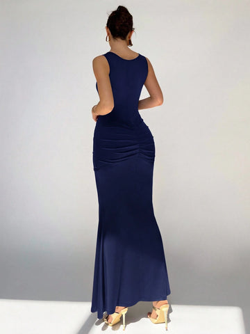 Women's Round Neck Sleeveless Knotted Front Fishtail Hem Fitted Elegant Dress