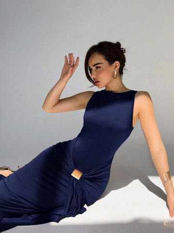 Women's Round Neck Sleeveless Knotted Front Fishtail Hem Fitted Elegant Dress