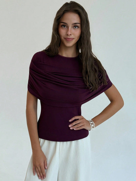 Women's Elegant Solid Color Ruched Fitted Top