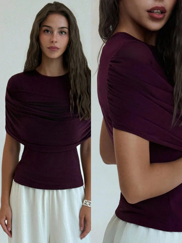 Women's Elegant Solid Color Ruched Fitted Top