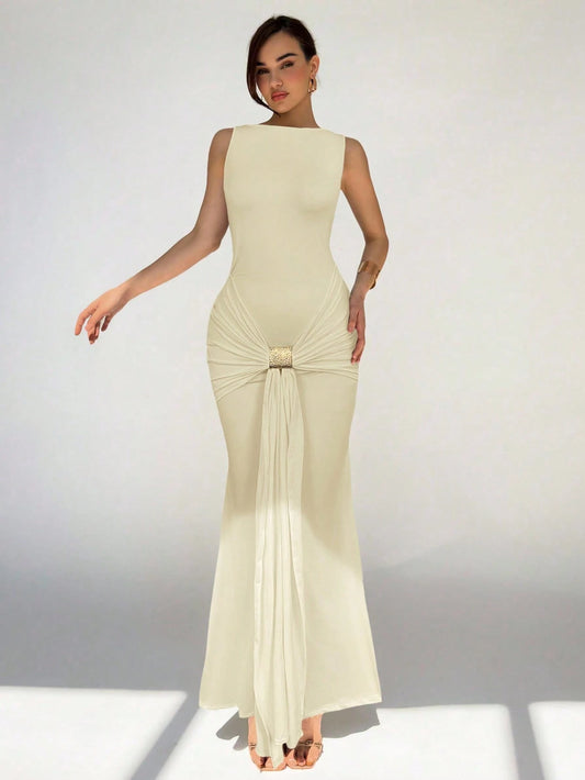 Women's Round Neck Sleeveless Knotted Front Fishtail Hem Fitted Elegant Dress