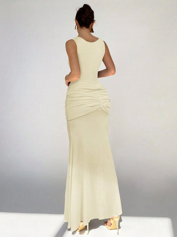 Women's Round Neck Sleeveless Knotted Front Fishtail Hem Fitted Elegant Dress
