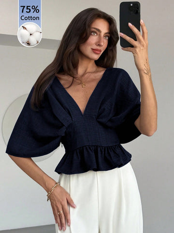 Solid Color V-Neck Ruffle Hem Blouse