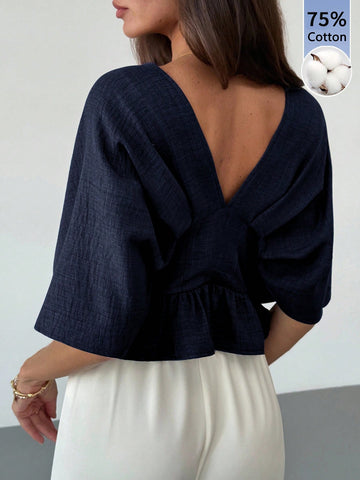 Solid Color V-Neck Ruffle Hem Blouse