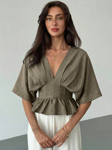 Solid Color V-Neck Ruffle Hem Blouse