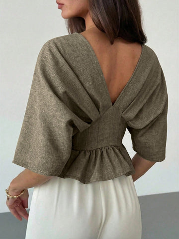 Solid Color V-Neck Ruffle Hem Blouse