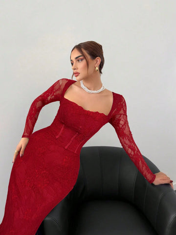 Sexy S-Shaped Lace Long Sleeve Cupped Corset Collar Slim Fitted Floor Length Dress