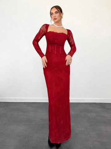 Sexy S-Shaped Lace Long Sleeve Cupped Corset Collar Slim Fitted Floor Length Dress