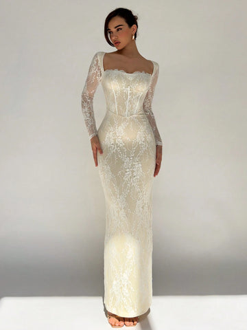 Sexy S-Shaped Lace Long Sleeve Cupped Corset Collar Slim Fitted Floor Length Dress