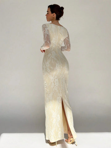 Sexy S-Shaped Lace Long Sleeve Cupped Corset Collar Slim Fitted Floor Length Dress